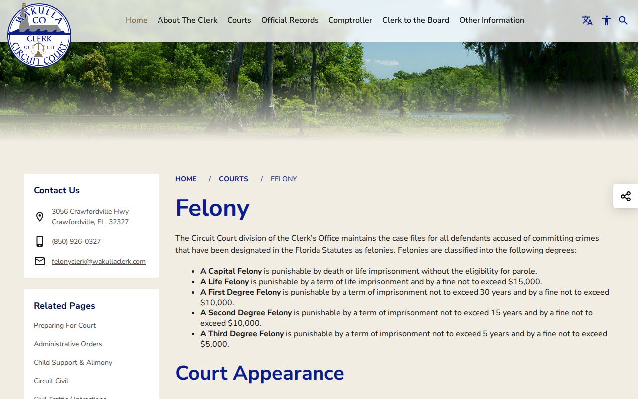 Wakulla County criminal court cases felony records and copy information