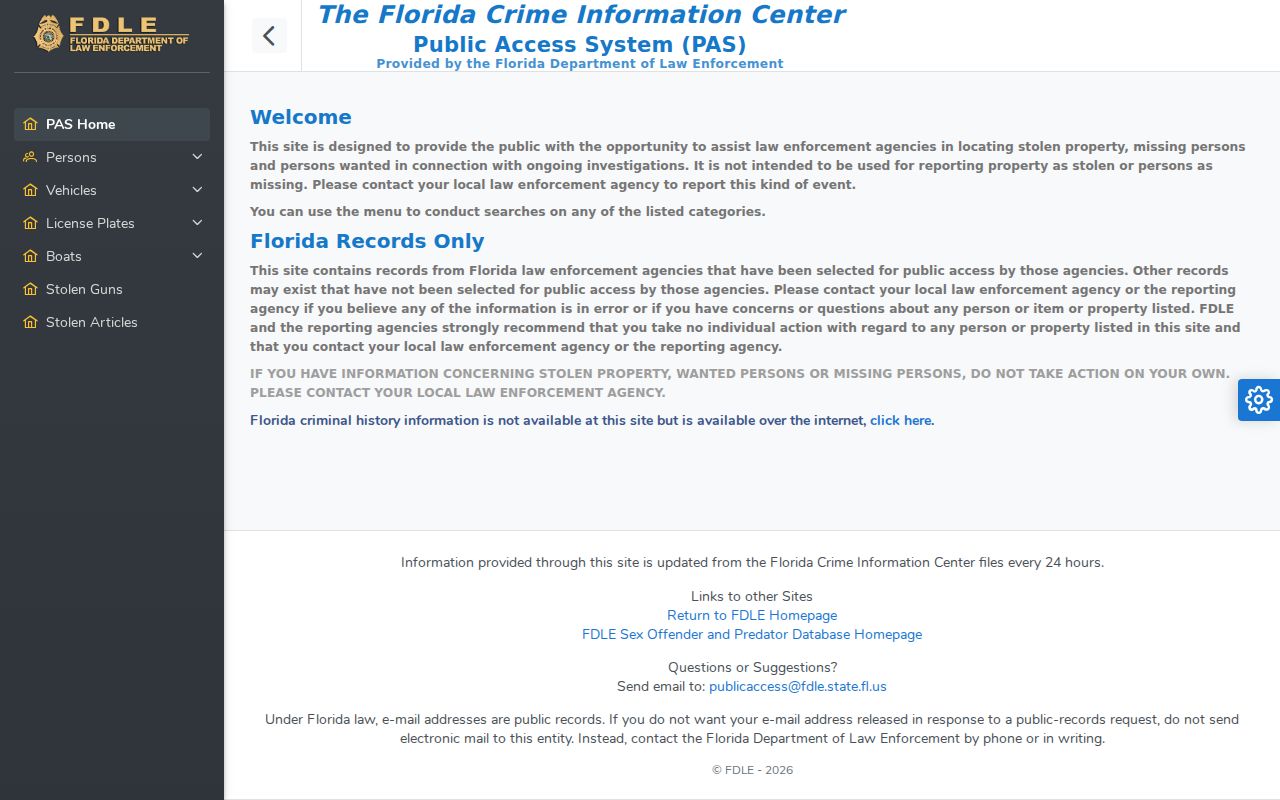 FDLE Public Access System wanted person search