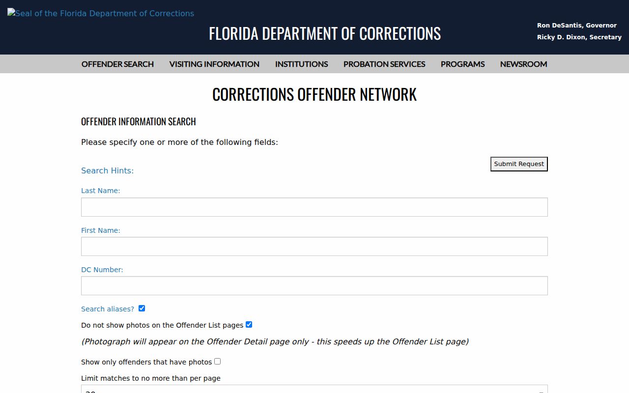 Florida Department of Corrections offender search for state custody
