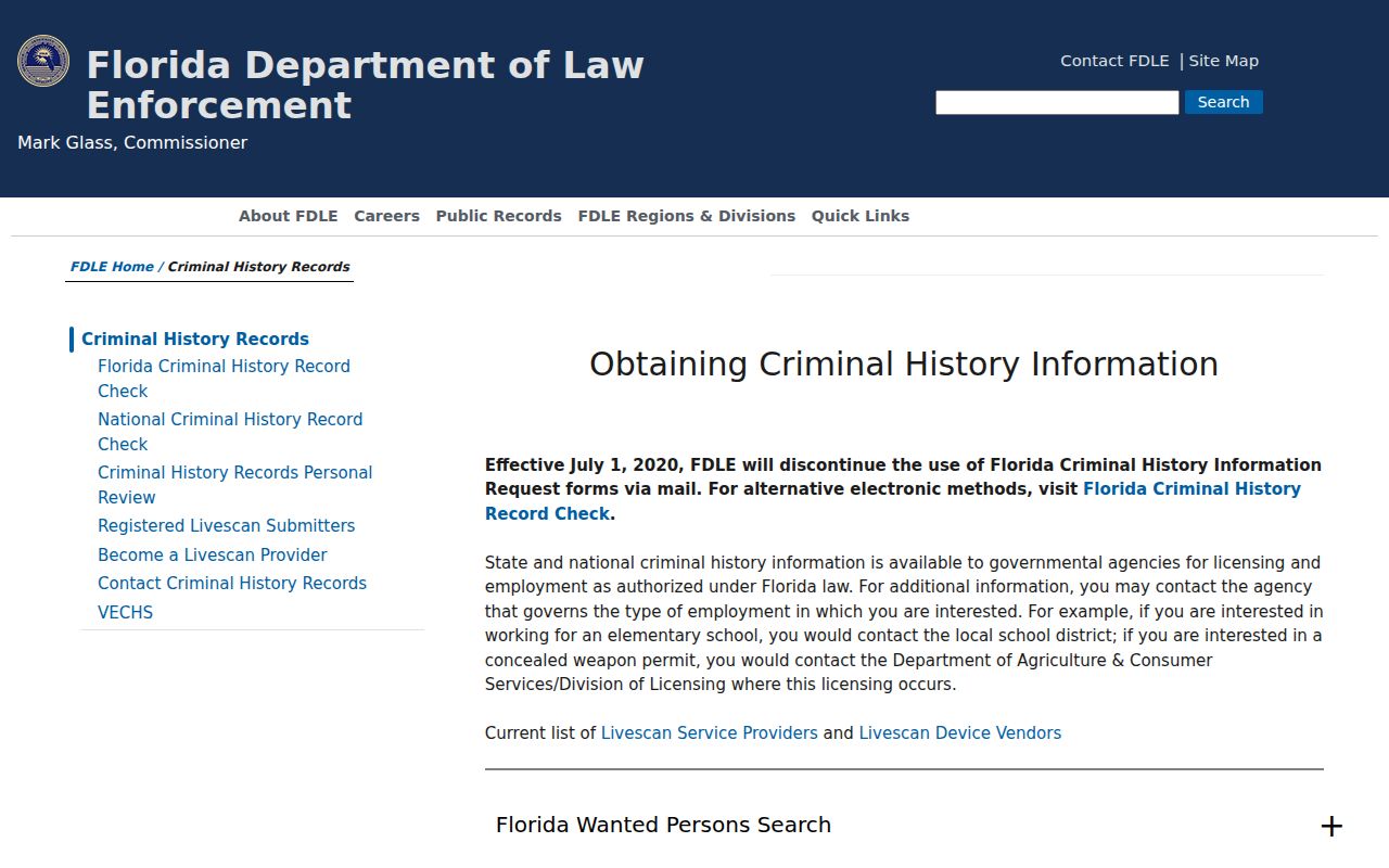 FDLE criminal history record search options for Florida