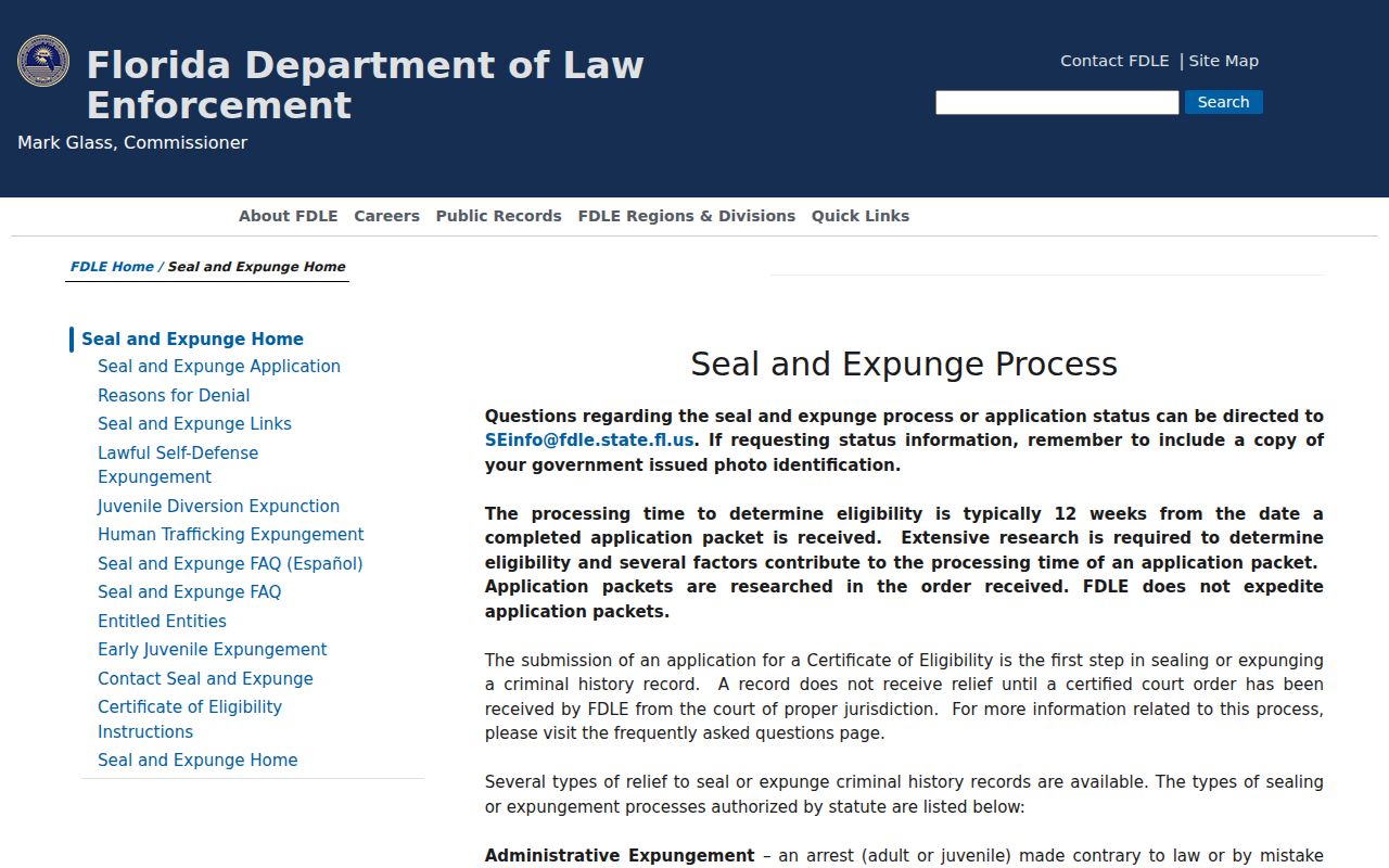 FDLE Florida seal and expunge process information