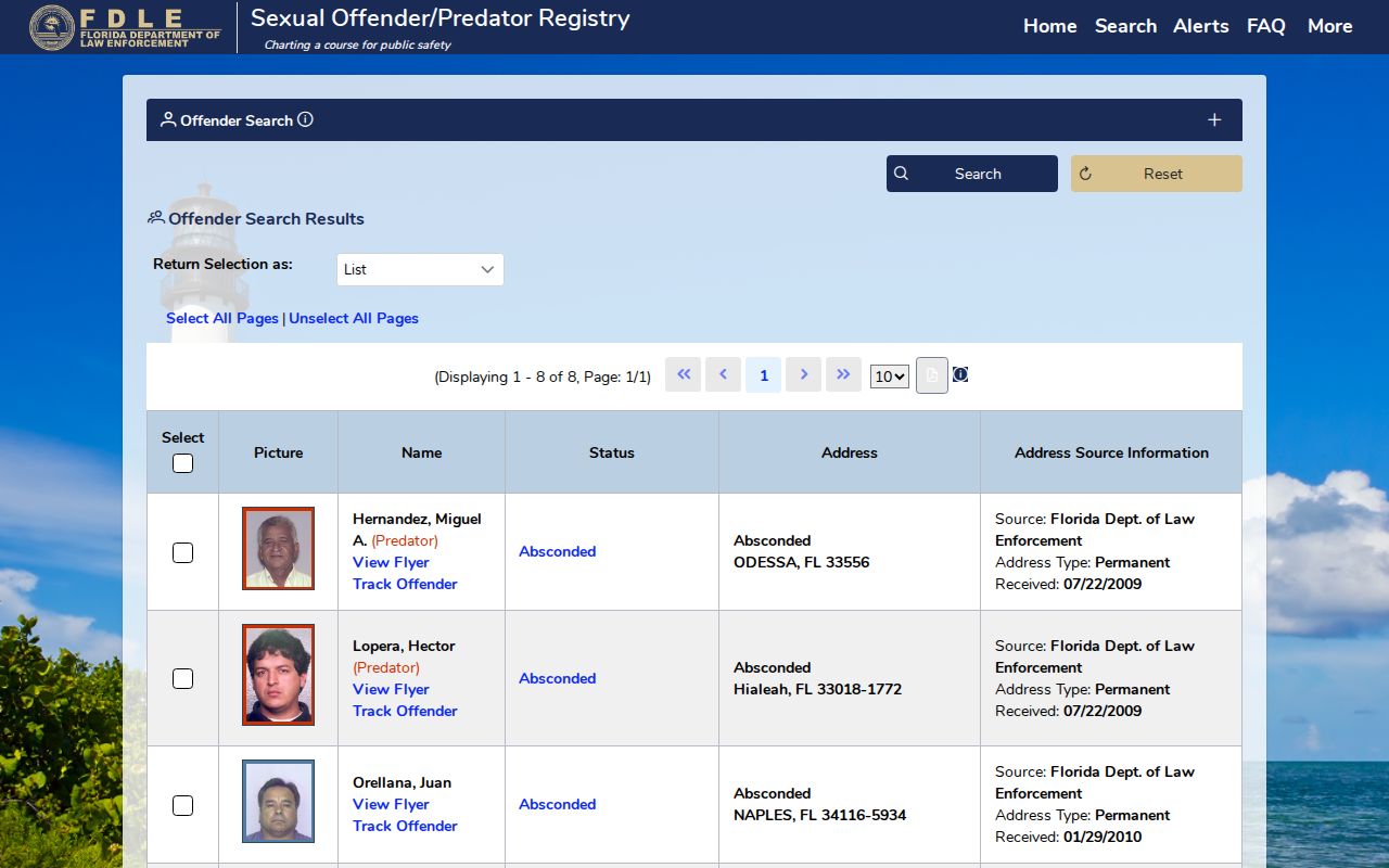 FDLE advanced offender search with county and status filters