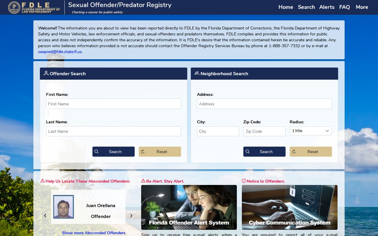 FDLE Florida Sexual Offenders and Predators Search home screen