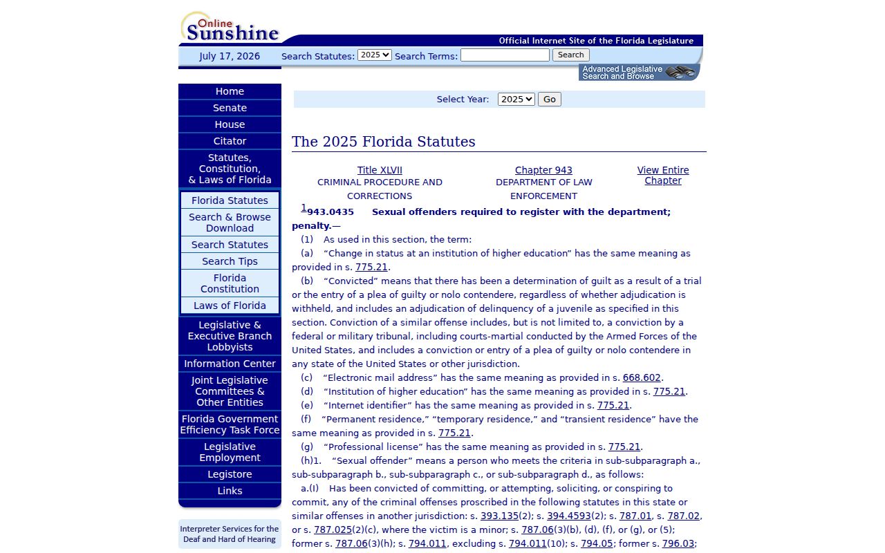 Florida Statutes section 943.0435 registration requirements